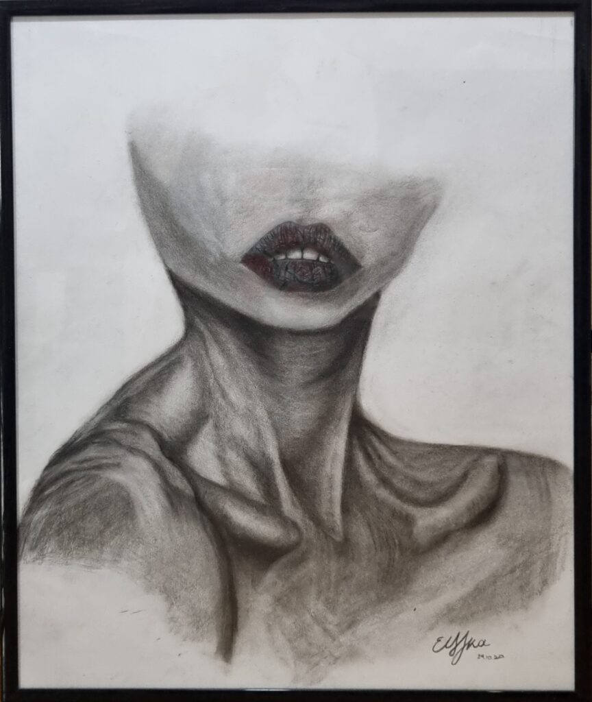 This compelling coal painting vividly captures the striking intensity of lips and a slender neck, symbolizing the pervasive impact of societal role models. The sensuous lips, rendered with precision, exude a powerful yet silent influence, while the gaunt neck reflects the vulnerability and pressure to conform to unrealistic standards. This piece critiques the often detrimental effects of social icons, prompting a deep reflection on authenticity and self-worth in the face of societal expectations.