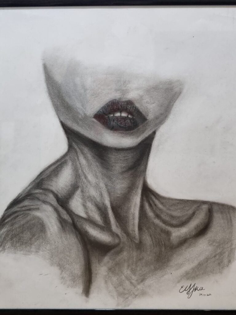 This compelling coal painting vividly captures the striking intensity of lips and a slender neck, symbolizing the pervasive impact of societal role models. The sensuous lips, rendered with precision, exude a powerful yet silent influence, while the gaunt neck reflects the vulnerability and pressure to conform to unrealistic standards. This piece critiques the often detrimental effects of social icons, prompting a deep reflection on authenticity and self-worth in the face of societal expectations.