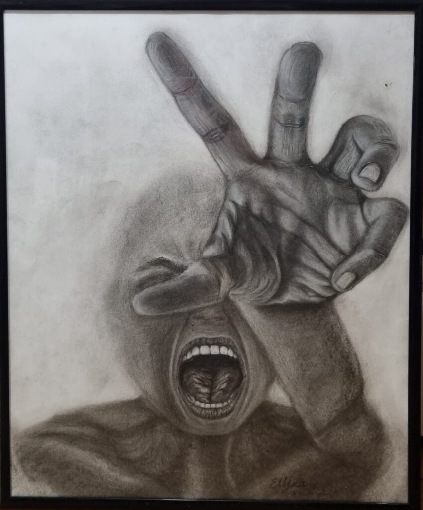 Captured in striking coal, this artwork portrays a raw, visceral moment of desperation. The screaming face, etched with intense emotion, conveys a profound sense of urgency. A hand reaches out, yearning for connection, evoking feelings of anguish and longing. This piece is a powerful reminder of the human condition and the depths of our emotions.