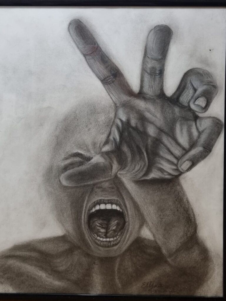 Captured in striking coal, this artwork portrays a raw, visceral moment of desperation. The screaming face, etched with intense emotion, conveys a profound sense of urgency. A hand reaches out, yearning for connection, evoking feelings of anguish and longing. This piece is a powerful reminder of the human condition and the depths of our emotions.